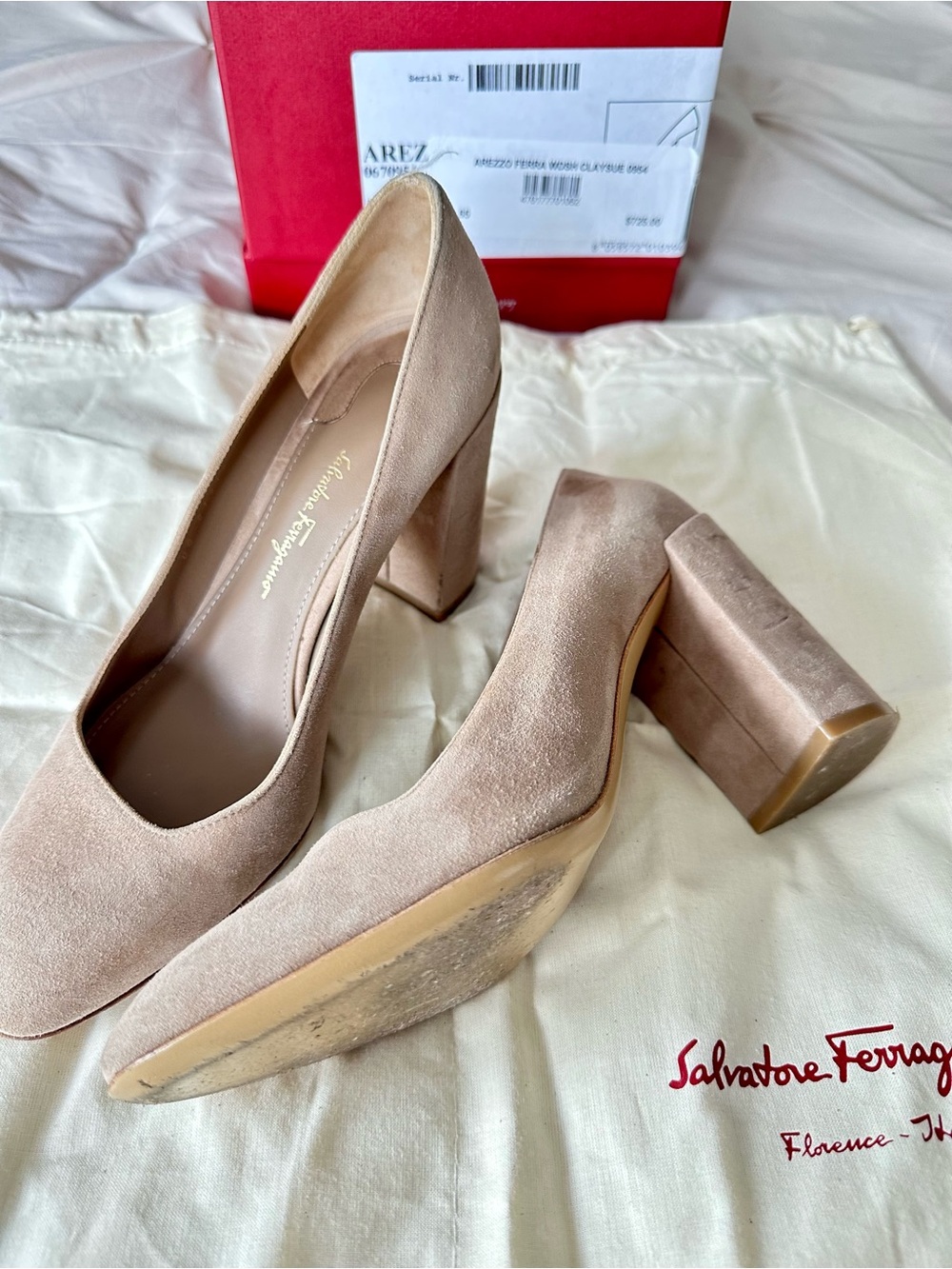 Salvatore Ferragamo Blush Suede Block Heel Pumps